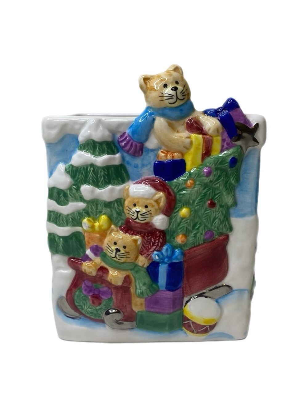 Christmas Ceramic Cats Gift Bag Planter/Multipurpose